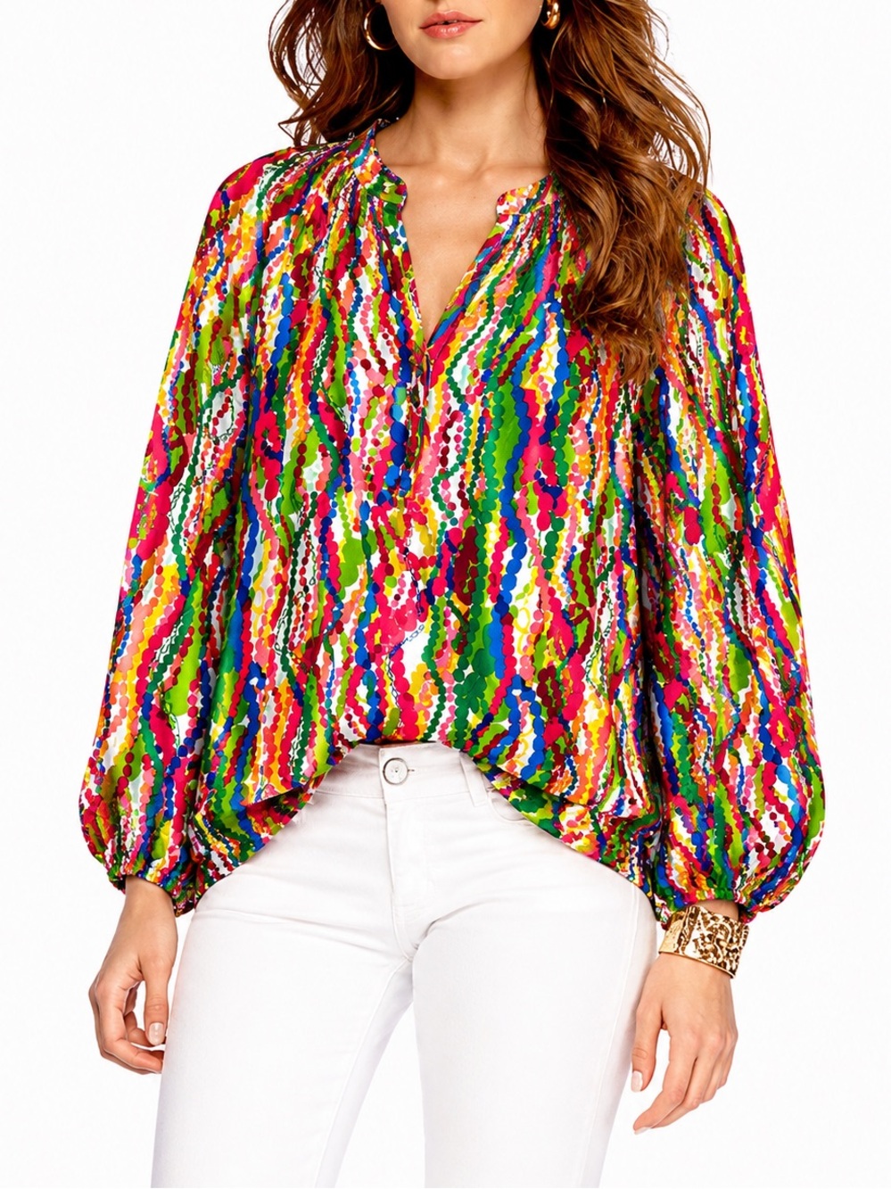 Lilly Pulitzer Pure Silk Elsa Popover Peasant Blouse Multi-Color Print size XS